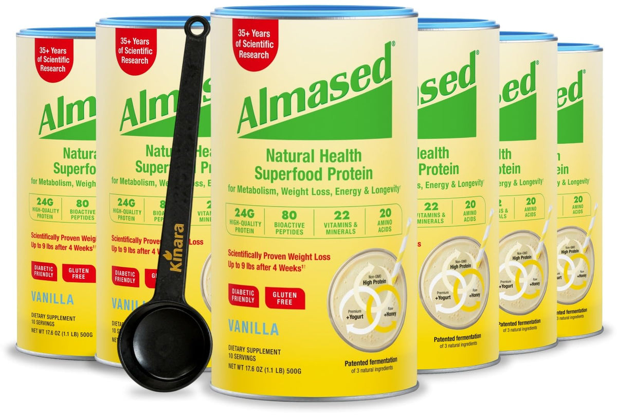 Almased Vanilla Protein Powder bottle—gluten-free meal replacement option for busy days.
