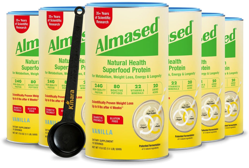 Almased Vanilla Protein Powder bottle—gluten-free meal replacement option for busy days.