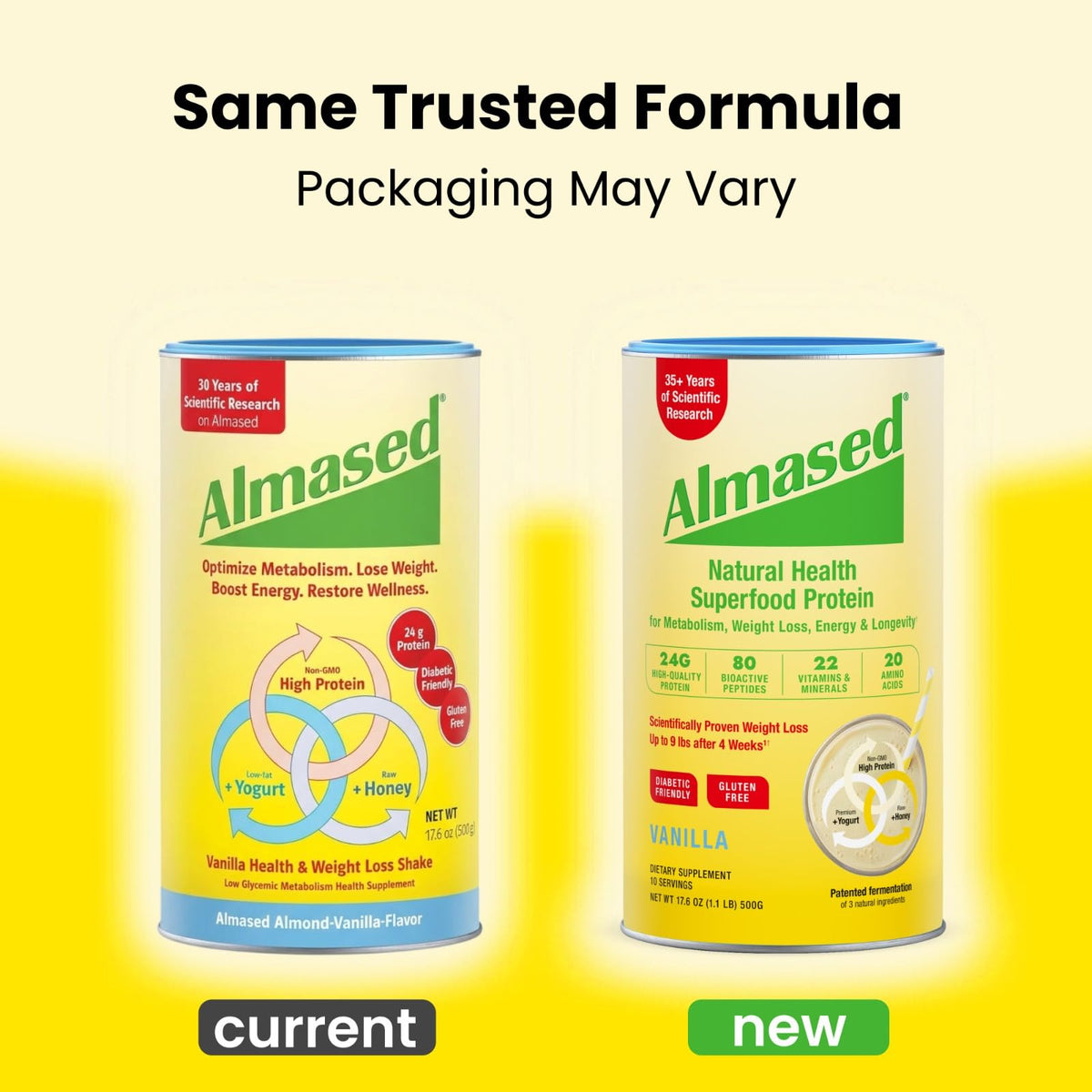 Almased Vanilla Protein Powder label closeup highlighting gluten-free, no-added-sugar ingredients.