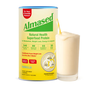 Almased Vanilla Shake bottle highlights convenient meal replacement for on-the-go routines.