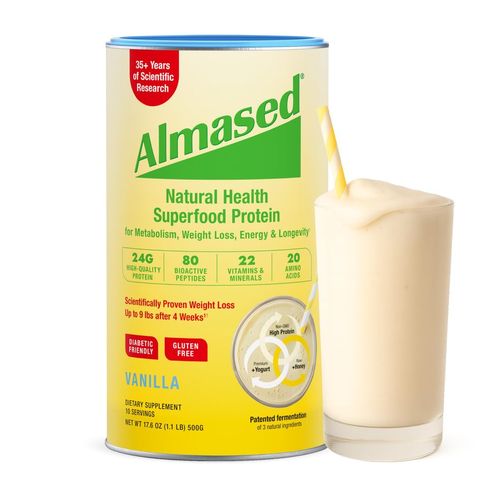 Almased Vanilla Shake bottle highlights convenient meal replacement for on-the-go routines.