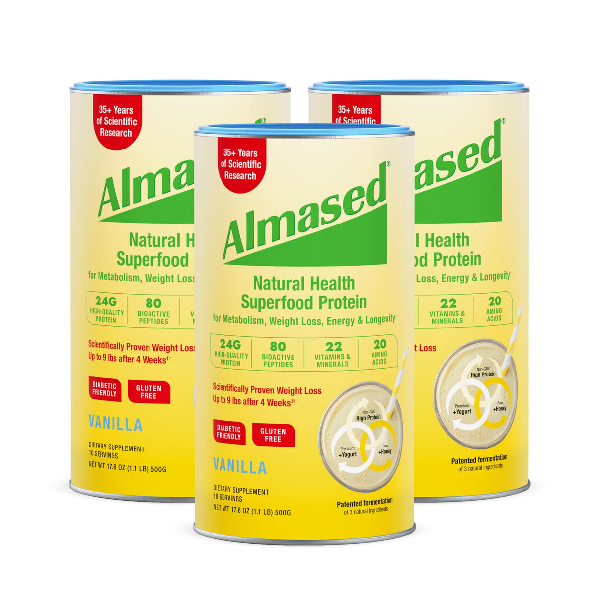 Almased Vanilla Shake in a glass, convenient meal replacement for busy days.