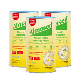 Almased Vanilla Shake in a glass, convenient meal replacement for busy days.