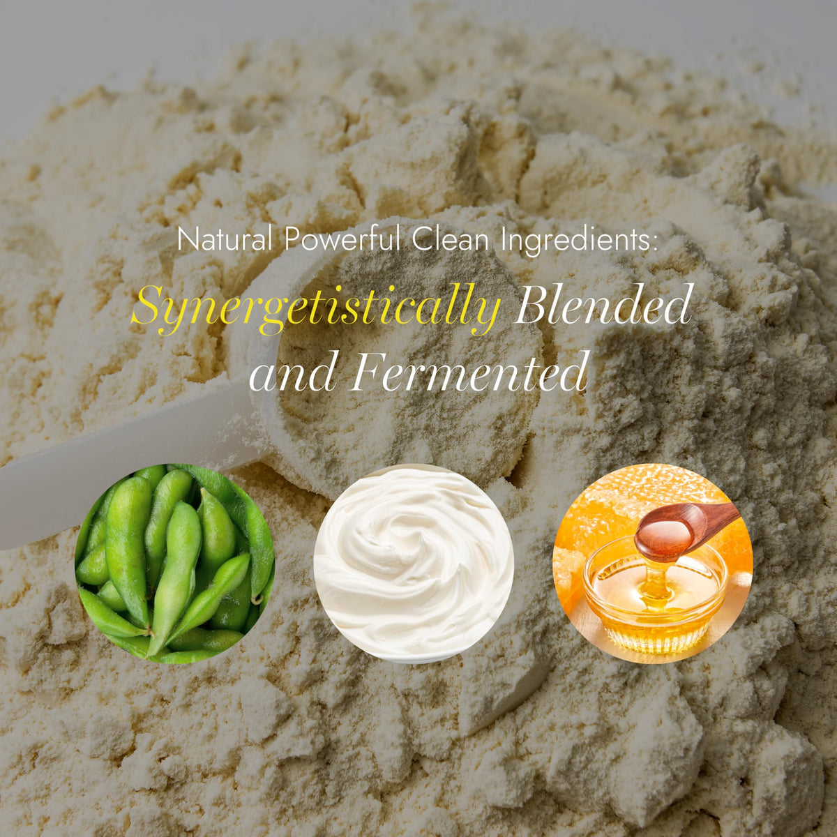Almased vanilla shake scoop shown beside a prepared glass for a quick meal.