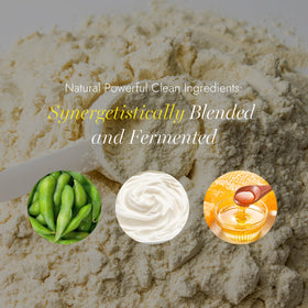 Almased vanilla shake scoop shown beside a prepared glass for a quick meal.