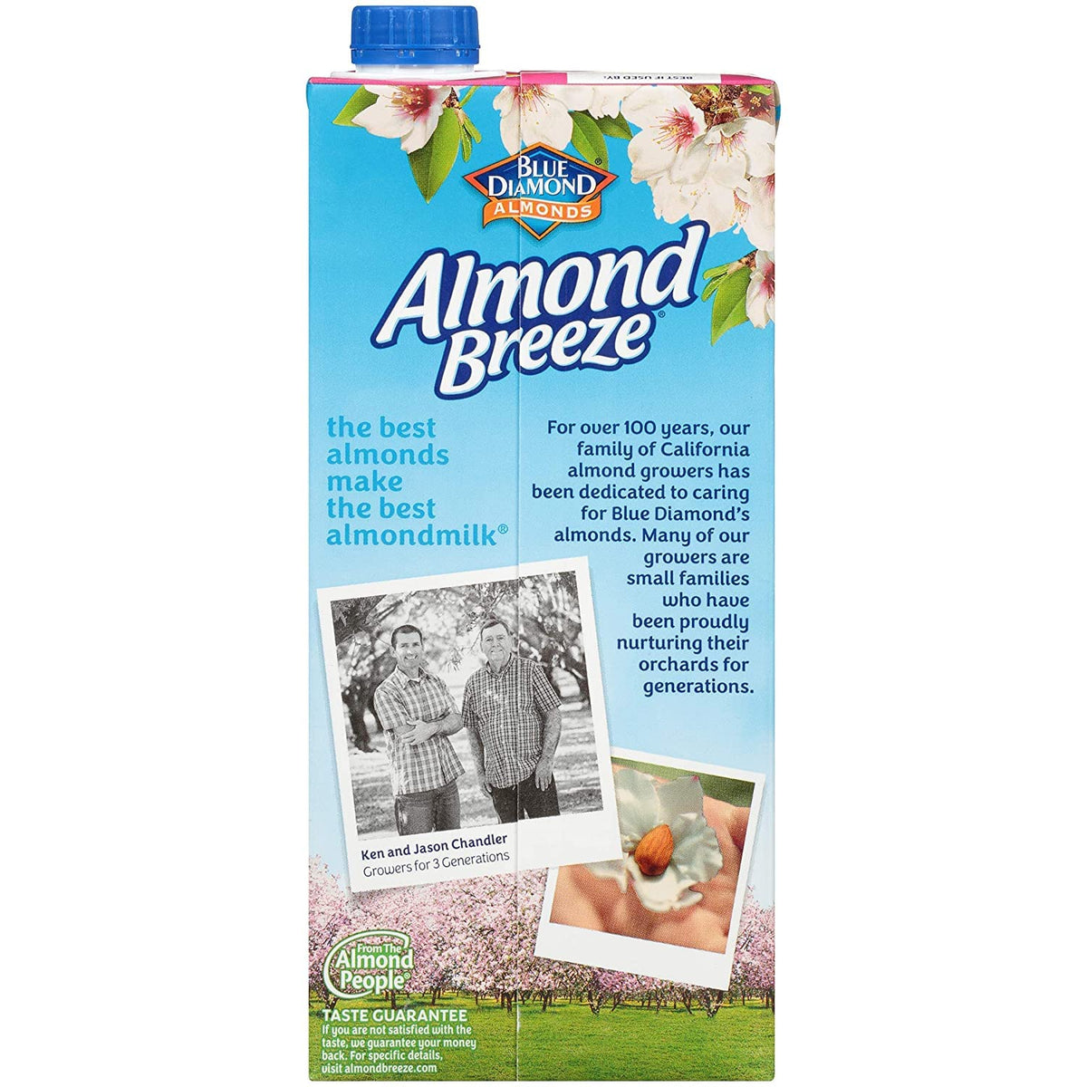 Almond Breeze dairy-free packaging shows no dairy, soy, or lactose.
