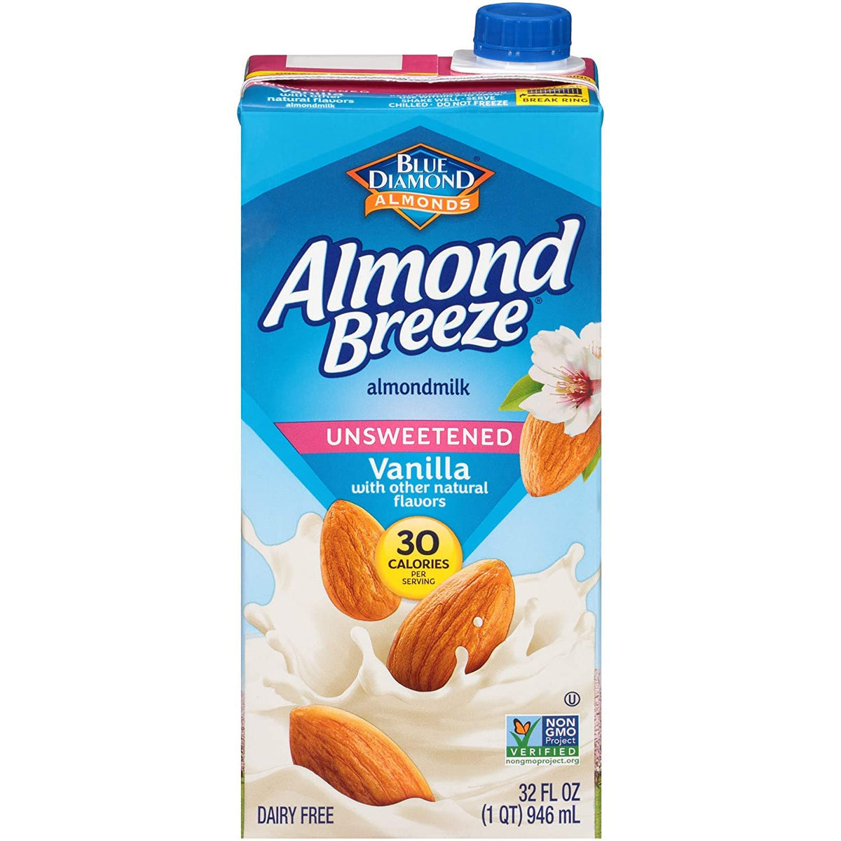 Almond Breeze glass being poured, a dairy-free beverage option