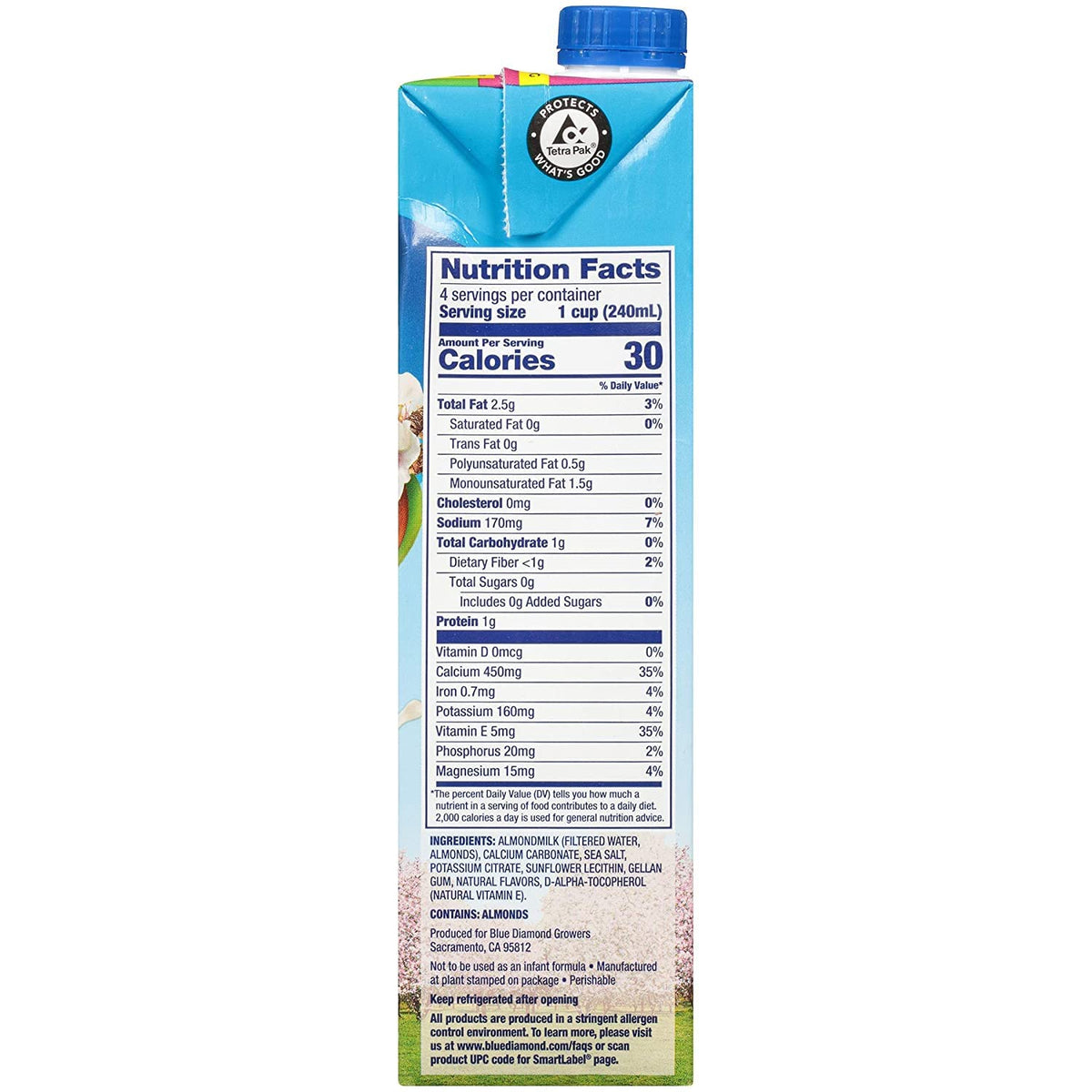 Almond Breeze nutrition label featuring vitamins D and E and calcium.