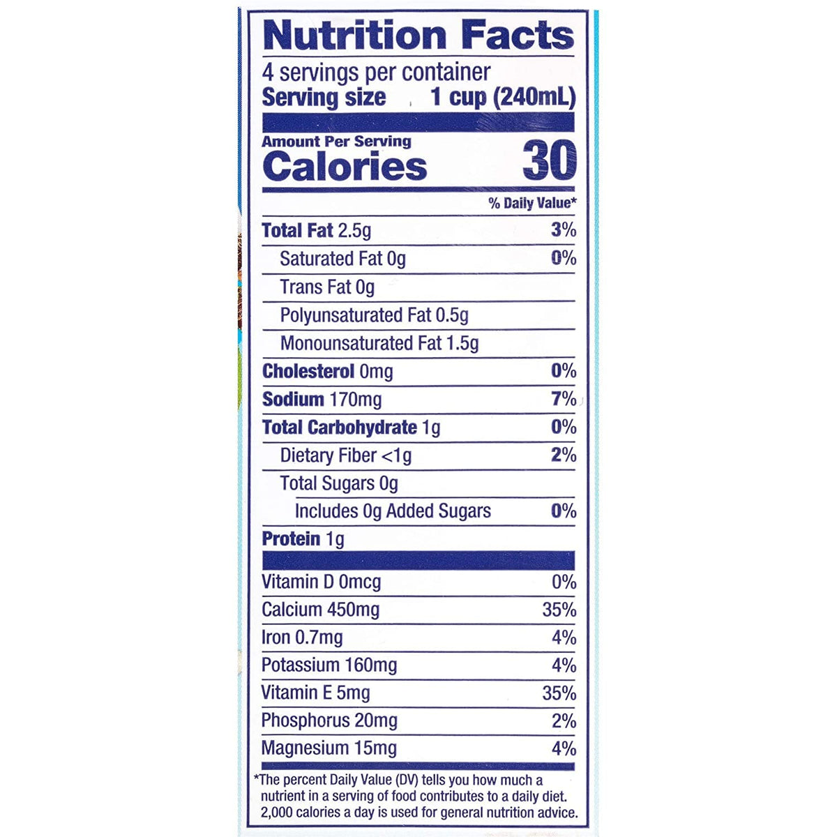 Almond Breeze shelf-stable aseptic box emphasizes long shelf life.