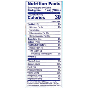 Almond Breeze shelf-stable aseptic box emphasizes long shelf life.