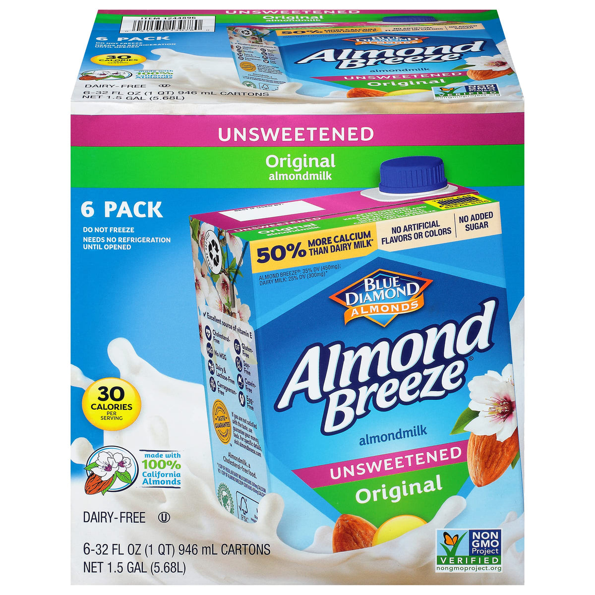Almond Breeze unsweetened original boxes in a six-pack for pantry-ready convenience.