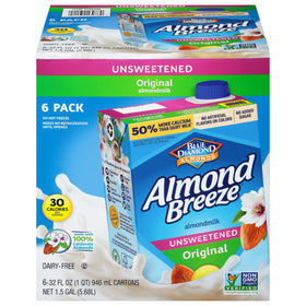 Almond Breeze unsweetened original boxes in a six-pack for pantry-ready convenience.