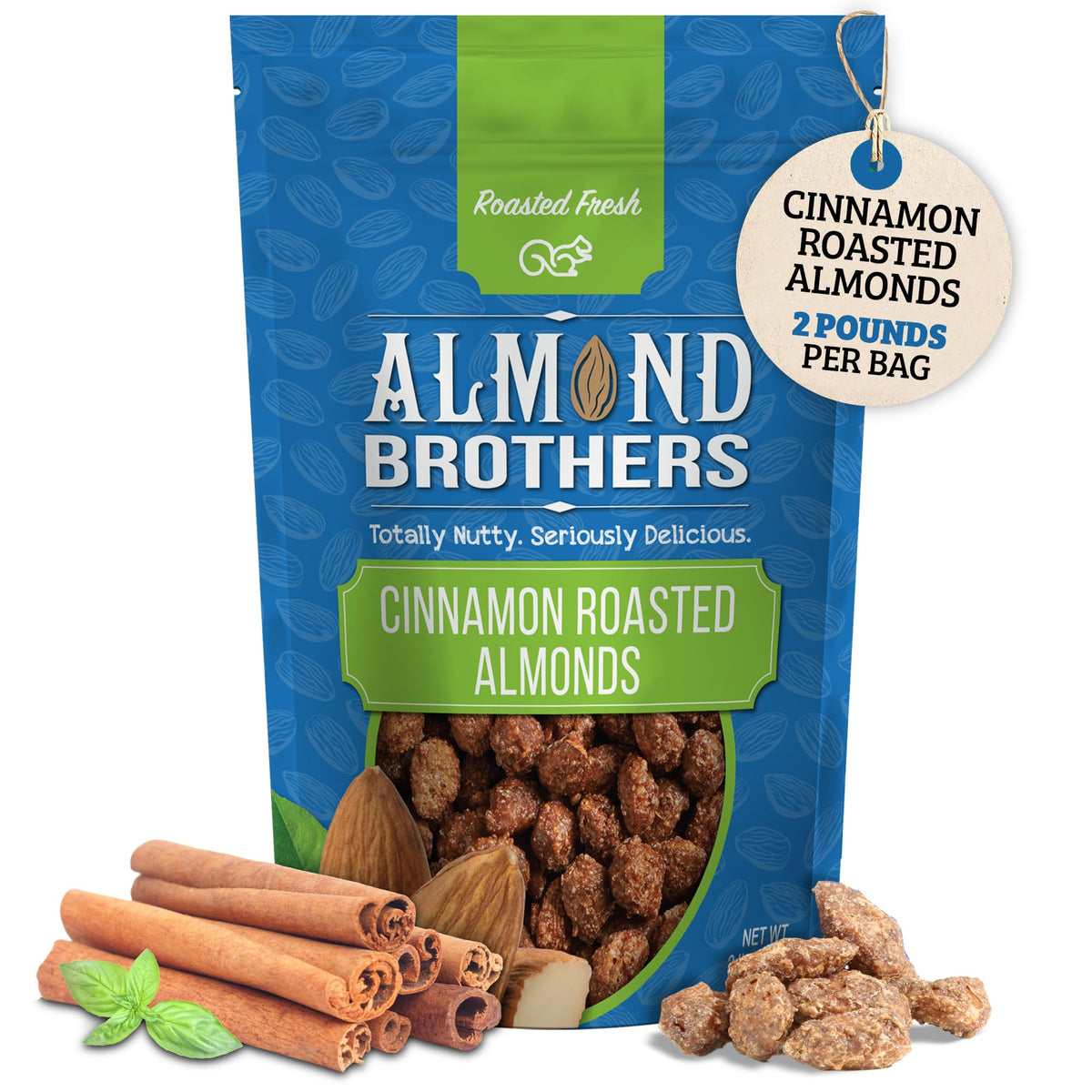 Almond Brothers cinnamon glazed almonds in a 2lb bag for snacking