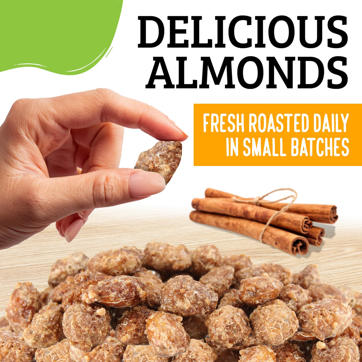 Copper kettle roasting almond texture with glossy cinnamon glaze