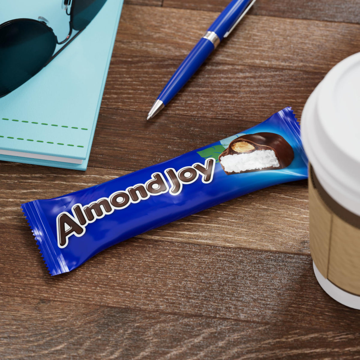 Close-up of Almond Joy chocolate with coconut and almonds.