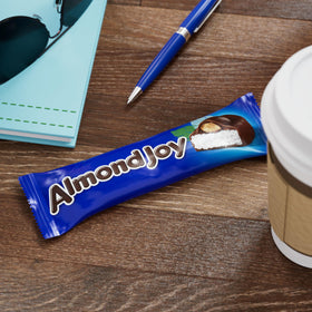 Close-up of Almond Joy chocolate with coconut and almonds.
