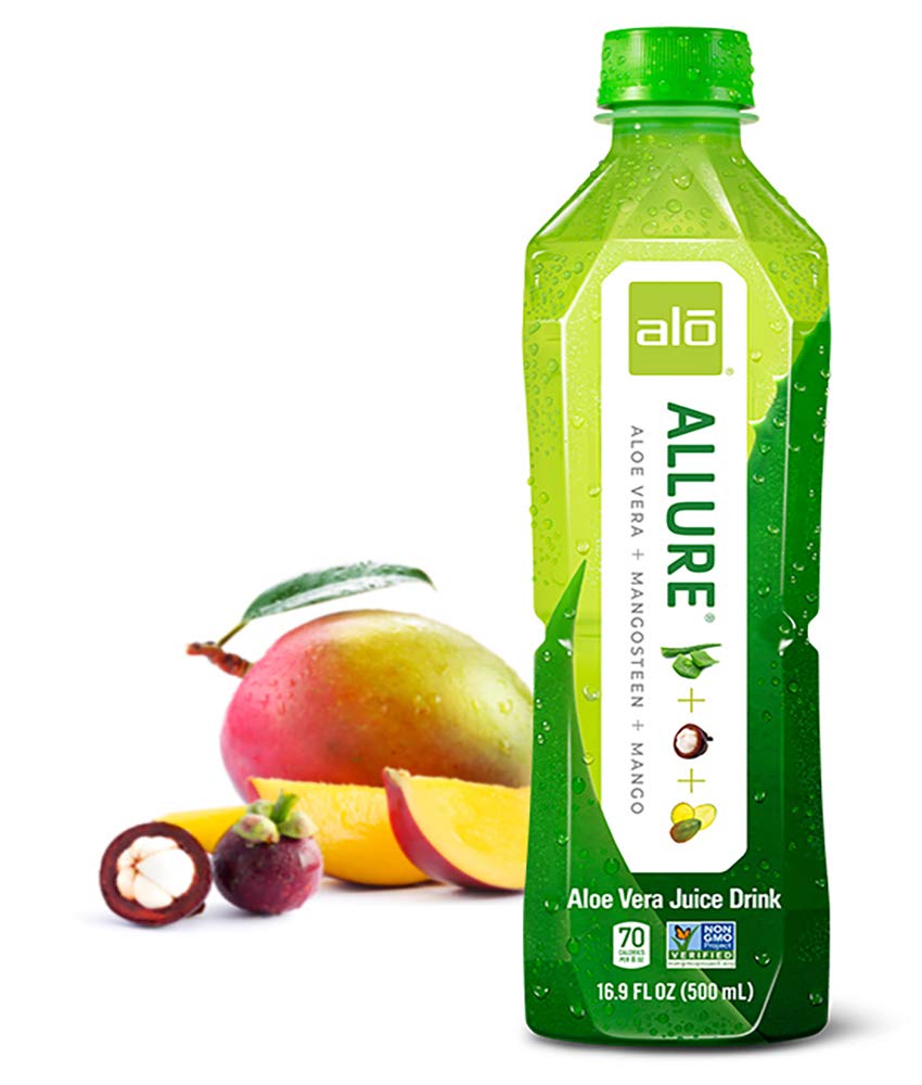 ALO Allure mangosteen and mango blend with real fruit juices showcased on label.