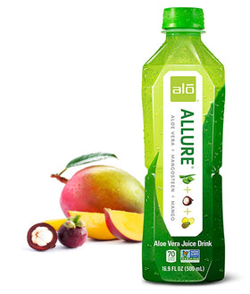 ALO Allure mangosteen and mango blend with real fruit juices showcased on label.