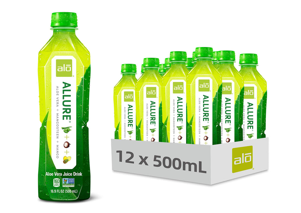 ALO Allure mangosteen-mango bottle highlights real aloe pulp for a vibrant, refreshing sip.