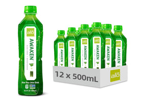 ALO AWAKEN wheatgrass bottle pour for a refreshing morning boost.
