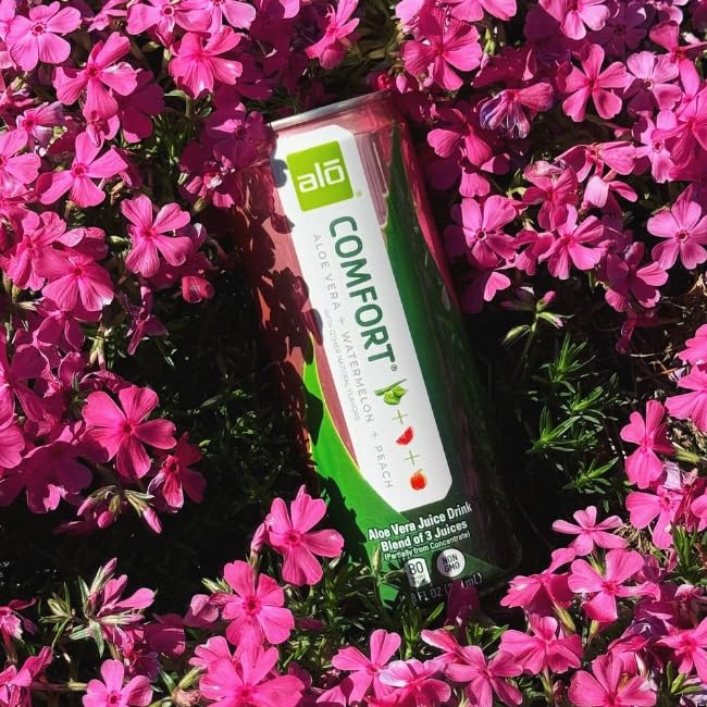 Pouring ALO Comfort watermelon-peach emphasizes a ready-to-drink option.