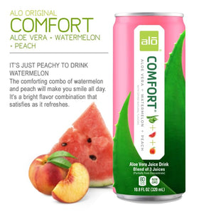 ALO Comfort watermelon-peach can back highlights natural ingredients and no artificial additives.