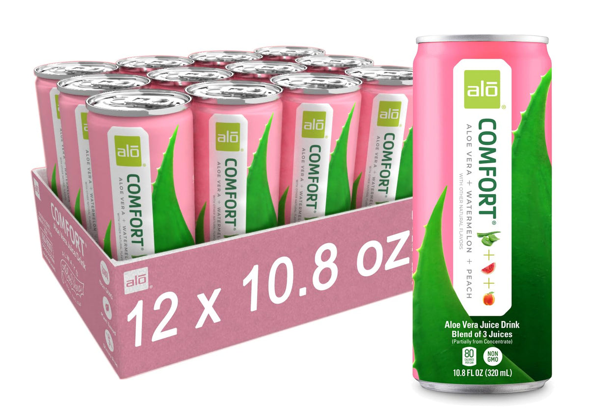 ALO Comfort watermelon-peach can front offers refreshing plant-based hydration.