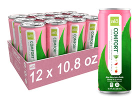 ALO Comfort watermelon-peach can front offers refreshing plant-based hydration.