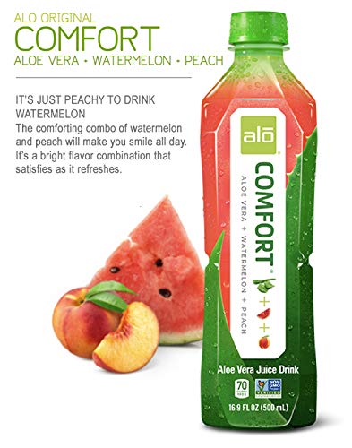 ALO Comfort Watermelon Peach ingredients highlight real fruit juice and aloe pulp.