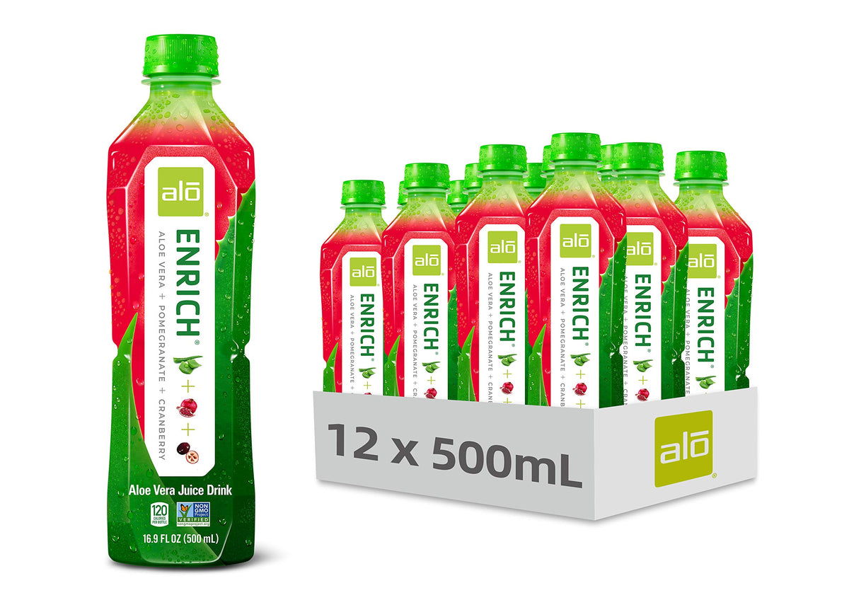ALO Enrich bottle with pomegranate and cranberry flavor for refreshing plant-based hydration.