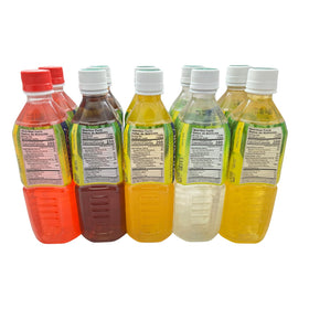 Aloevine Fruity Fun assorted bottles pour highlighting vibrant colors and plant-based ingredients