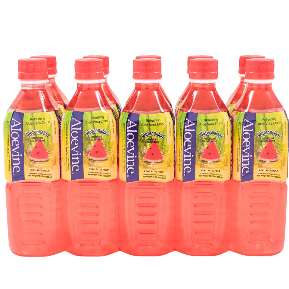 Aloevine Watermelon Aloe Vera Drink bottle with real pulp for refreshing hydration.