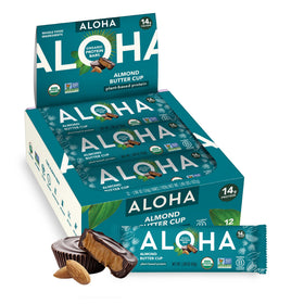 ALOHA almond butter cup bars packaging showing 12-bar box for on-the-go protein.