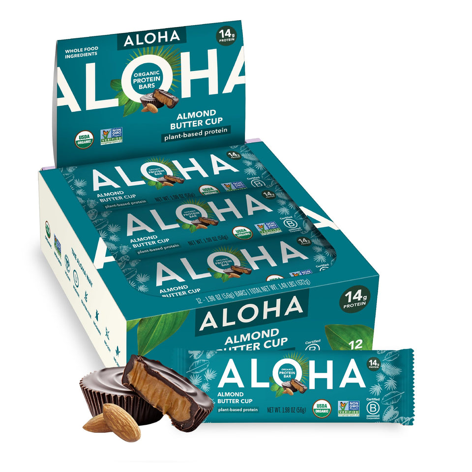 ALOHA almond butter cup bars packaging showing 12-bar box for on-the-go protein.
