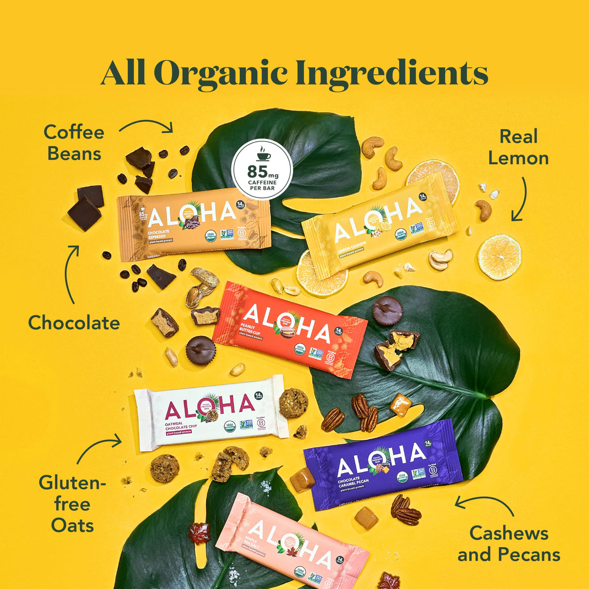 ALOHA Chocolate Caramel Pecan bar close-up highlighting rich flavor.