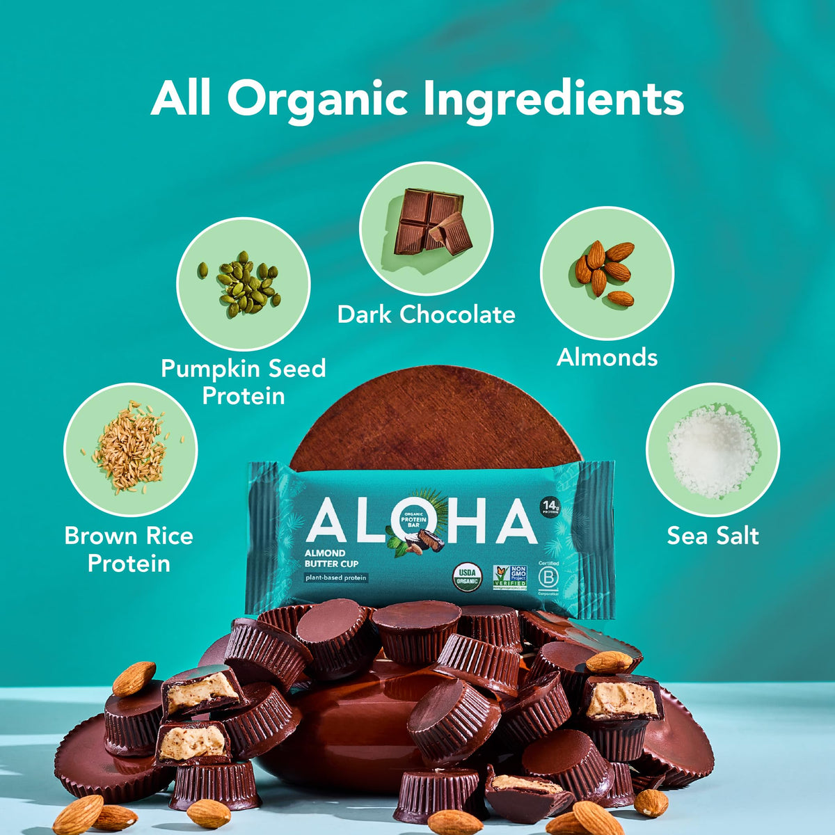 ALOHA organic ingredients label highlighting plant-based protein blend and fiber.