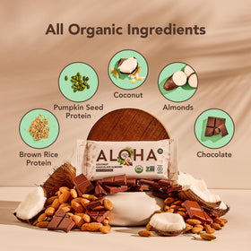 ALOHA ingredients image showing organic proteins and whole foods