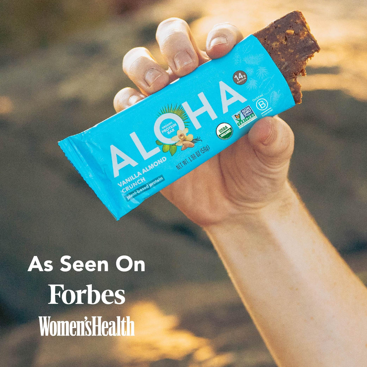 ALOHA bar nutrition facts panel emphasizing 14g protein per bar for workouts.