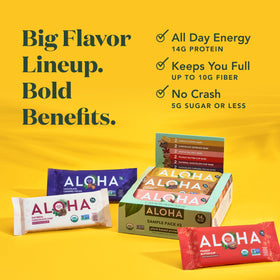 ALOHA Oatmeal Chocolate Chip bar close-up showing fiber-rich chew.