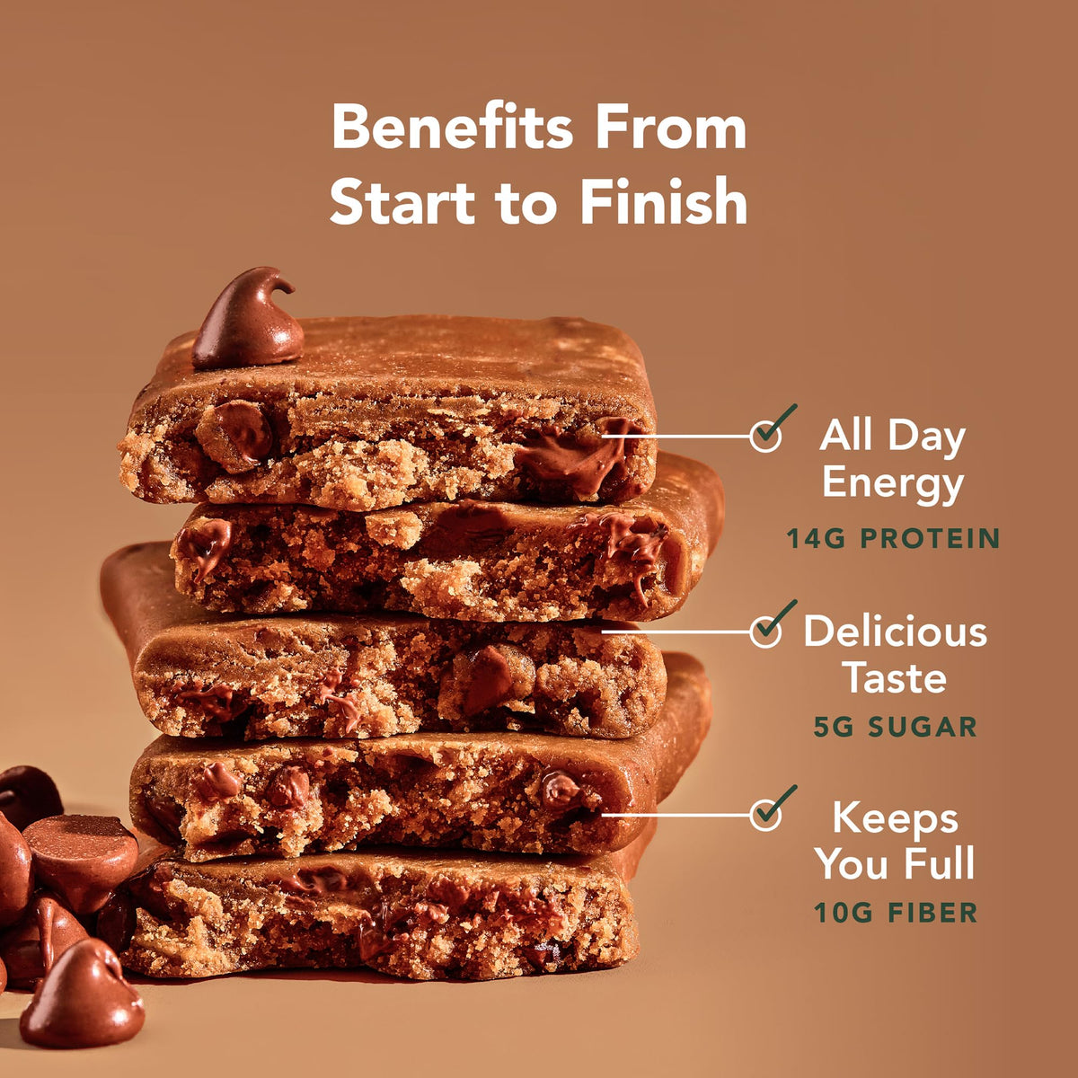 Nutrition panel hints at 14 g protein and 10 g fiber per bar