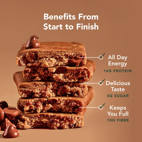 Nutrition panel hints at 14 g protein and 10 g fiber per bar