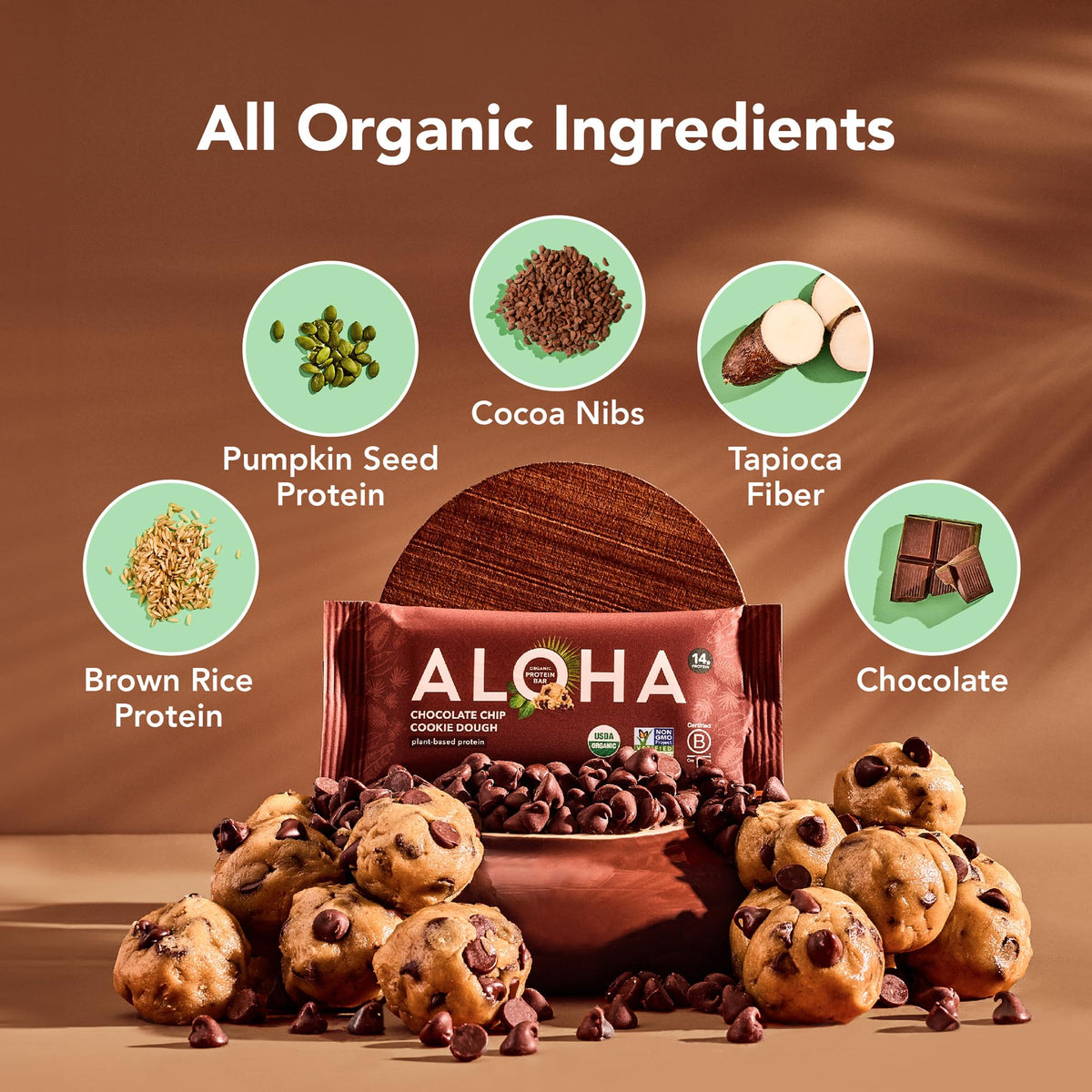 Ingredients highlight organic pumpkin seed and brown rice protein in ALOHA bars