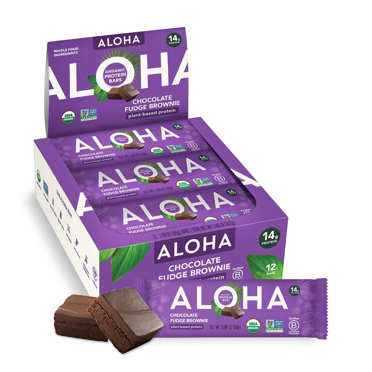 ALOHA chocolate fudge brownie protein bar with rich cocoa and cashew butter
