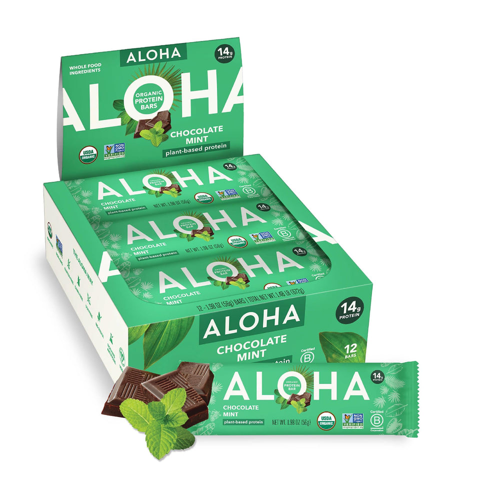 ALOHA chocolate mint bars box ready-to-eat plant-based snack for on-the-go nutrition.