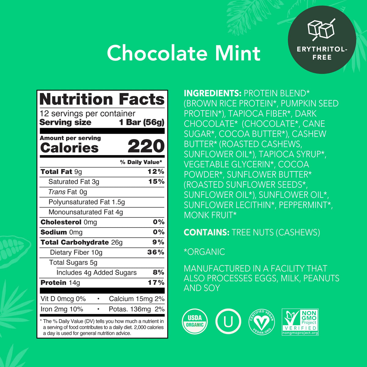 ALOHA chocolate mint bars front pack highlights clean ingredients and portable protein boost.