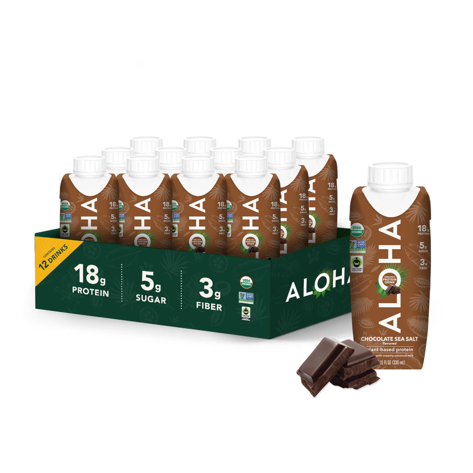 ALOHA Chocolate Sea Salt Protein Drink bottle shows creamy, dairy-free energy for on-the-go days