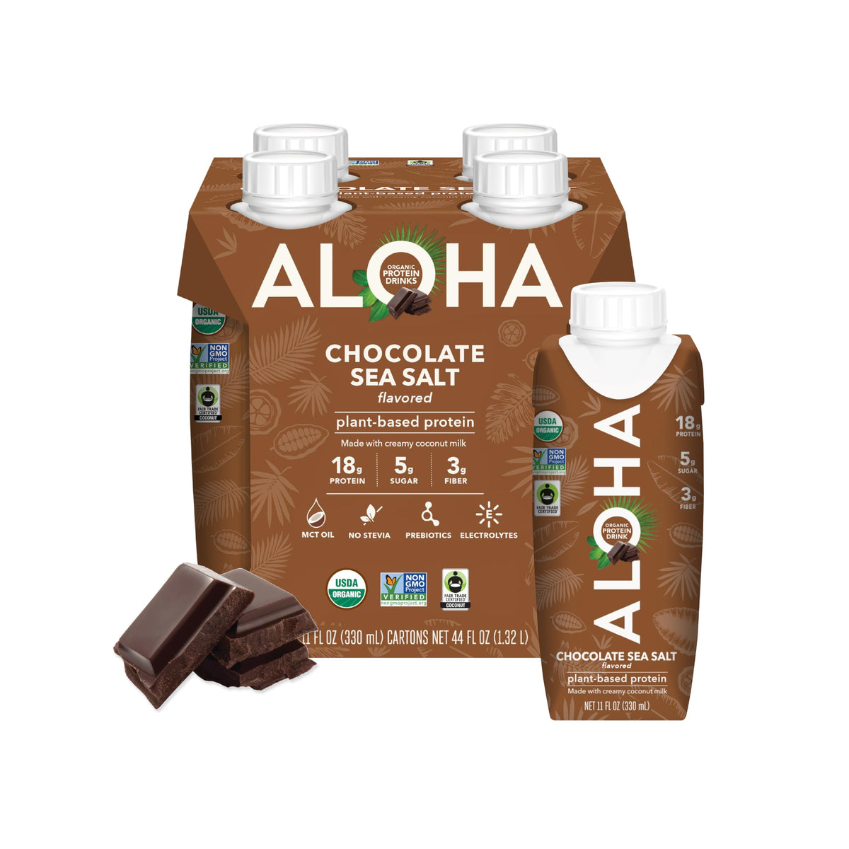 ALOHA Chocolate Sea Salt Protein Drink glass with straw suggests convenient hydration