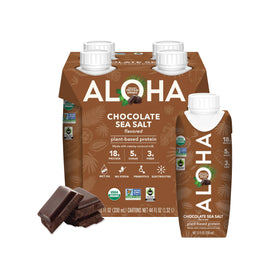 ALOHA Chocolate Sea Salt Protein Drink glass with straw suggests convenient hydration