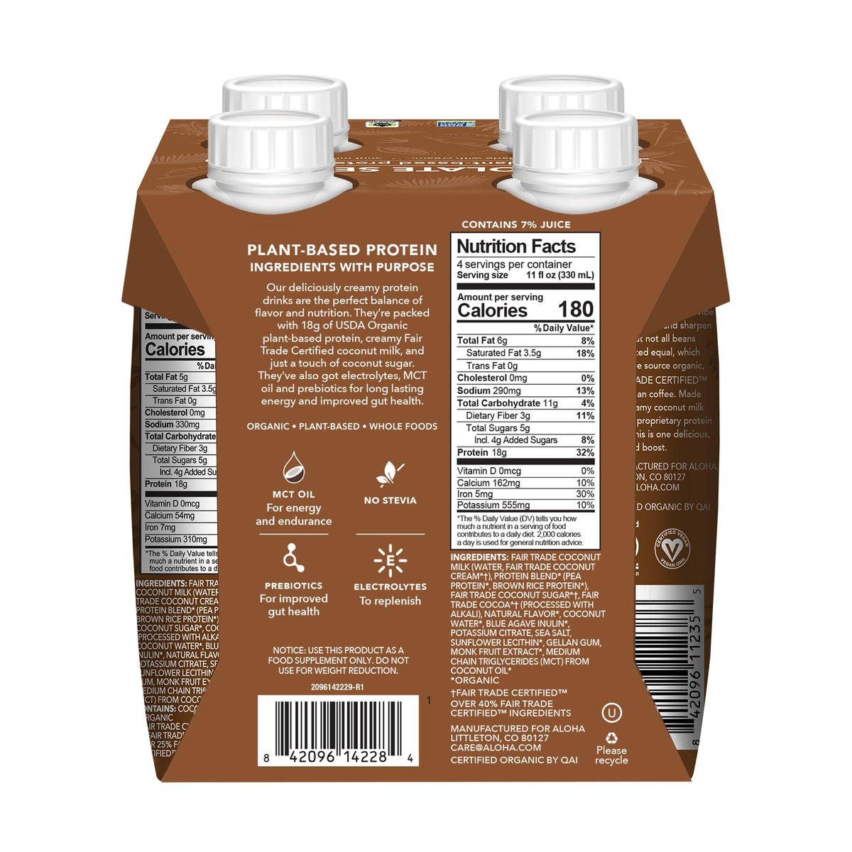 ALOHA Chocolate Sea Salt Protein Drink label notes Fair Trade origin and clean ingredients
