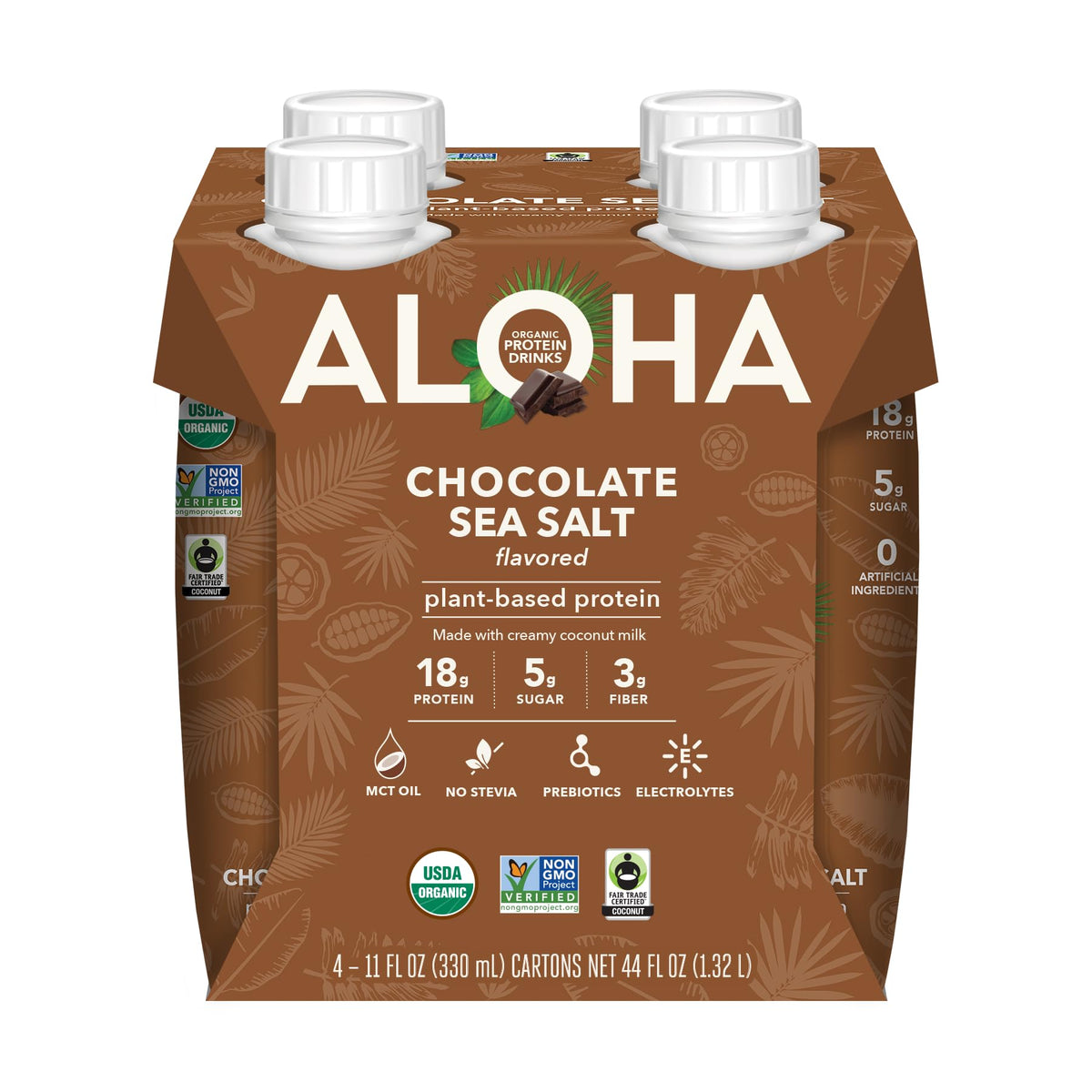 ALOHA Chocolate Sea Salt Protein Drink on-the-go pack emphasizes vegan and gluten-free